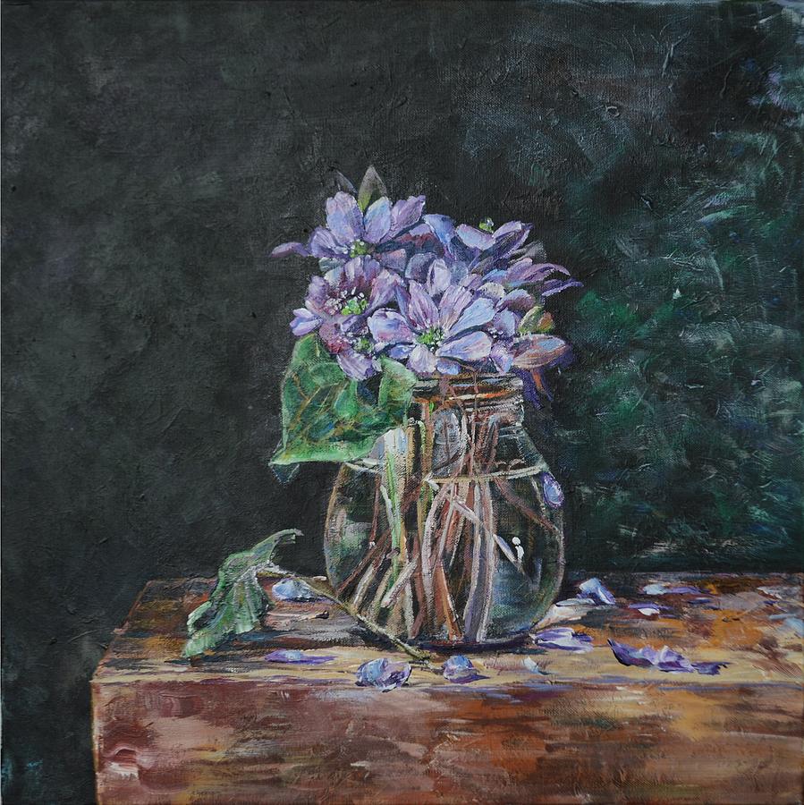 Blue Flowers In A Glass Bowl. Painting