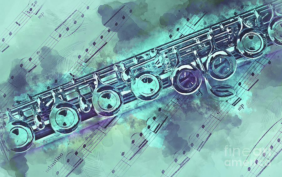 Music Painting - Blue flute watercolor by Delphimages Photo Creations