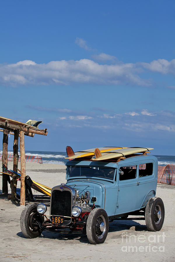 Blue Ford  roadster race car on the beach Photograph by Anthony Totah