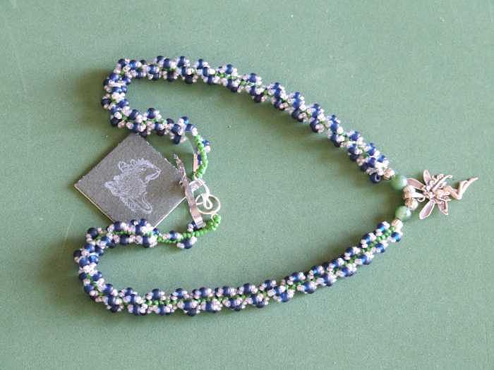Blue green and white rope weave with sterling fairy pendant Jewelry by Susan Anderson