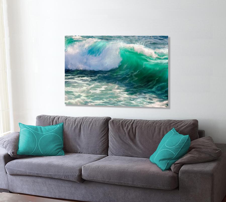 Blue Green Breaking Wave on the Wall Painting by Stephen Jorgensen