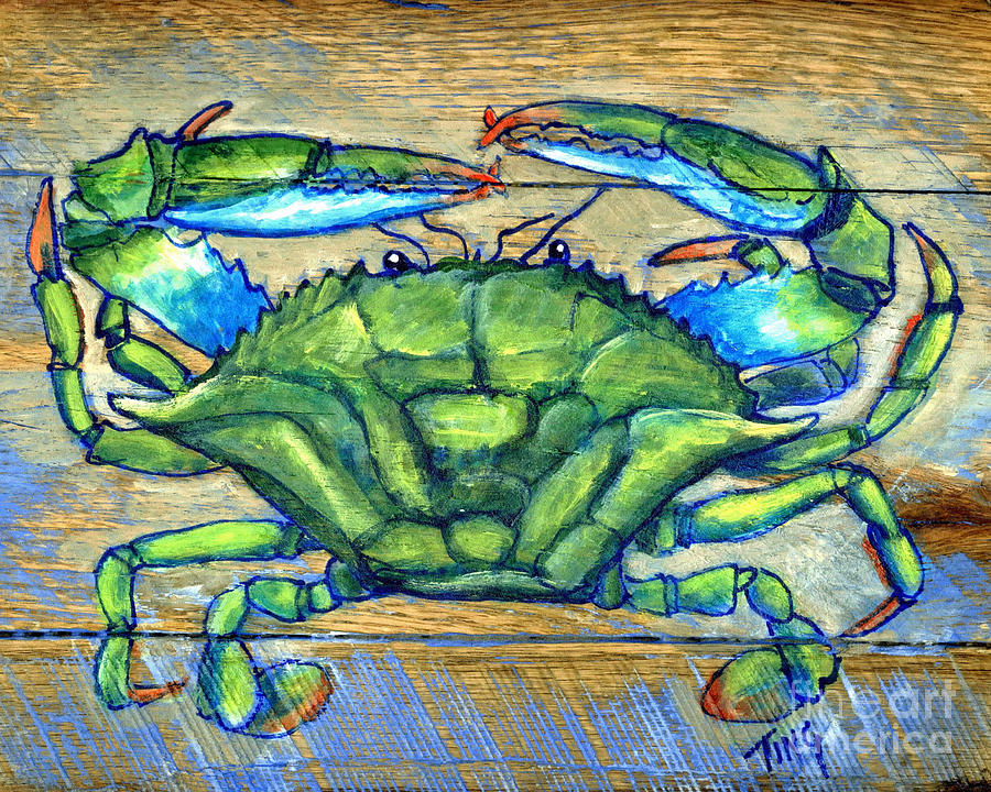 Blue Green Crab on Wood Painting by Doris Blessington