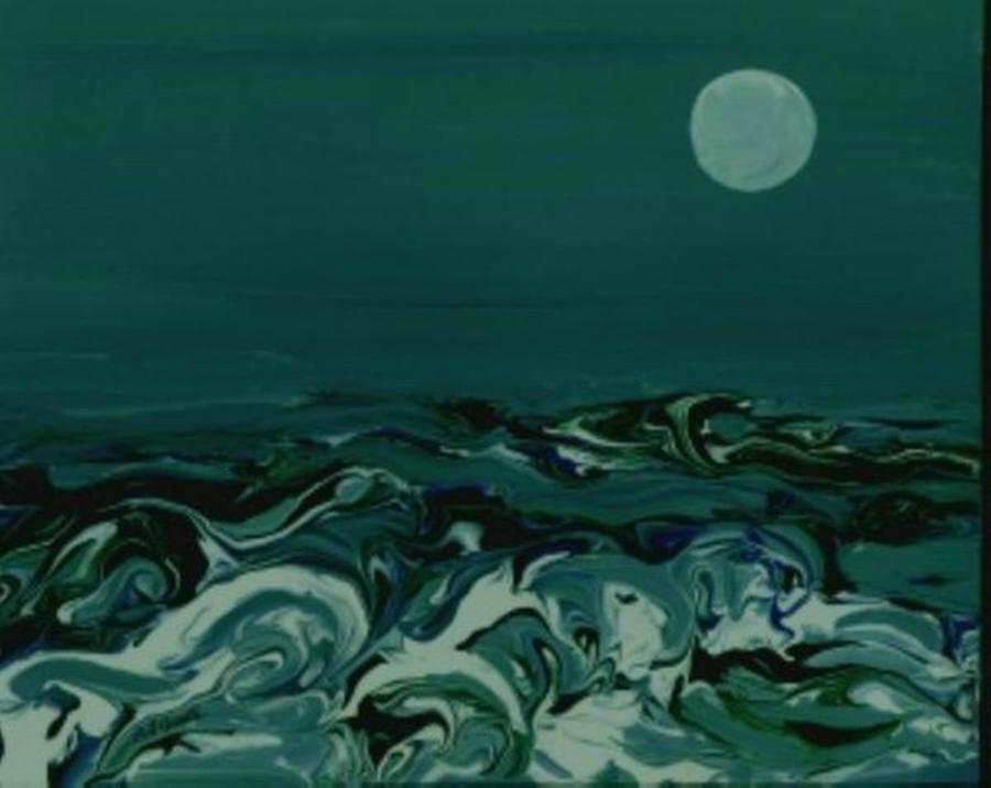 Nature Painting - Blue-green Moonlit Sea by B L Qualls