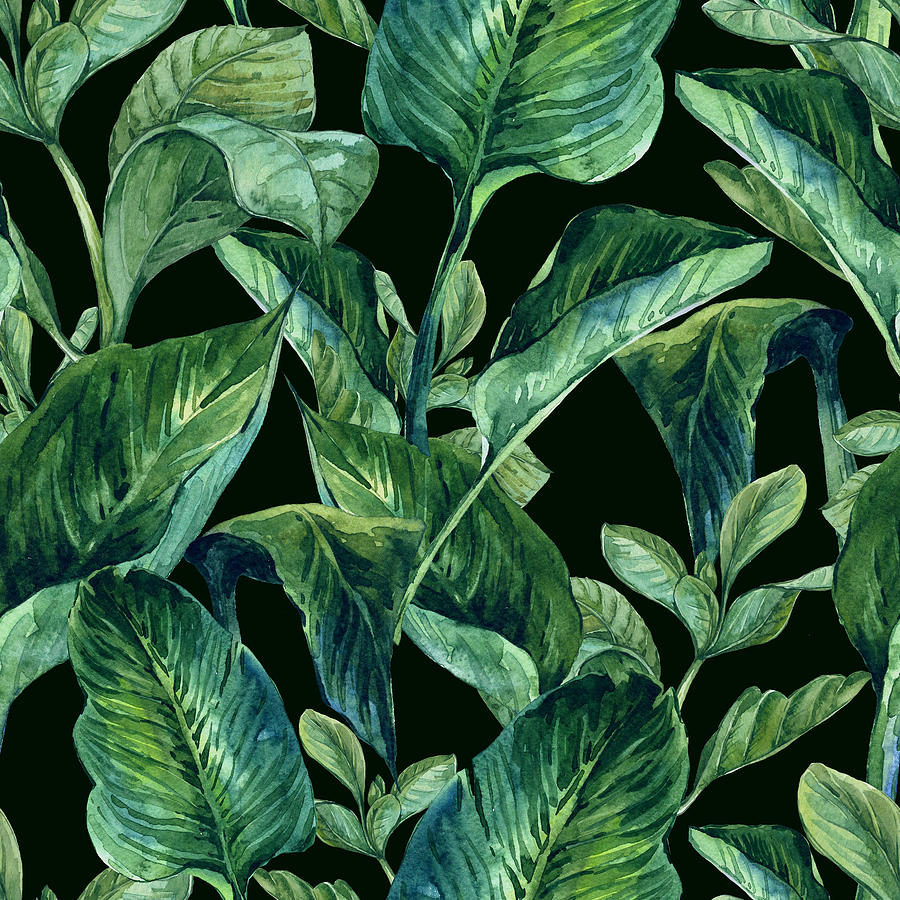 Blue Green Watercolor Tropical Leaves Painting by Elaine Plesser ...