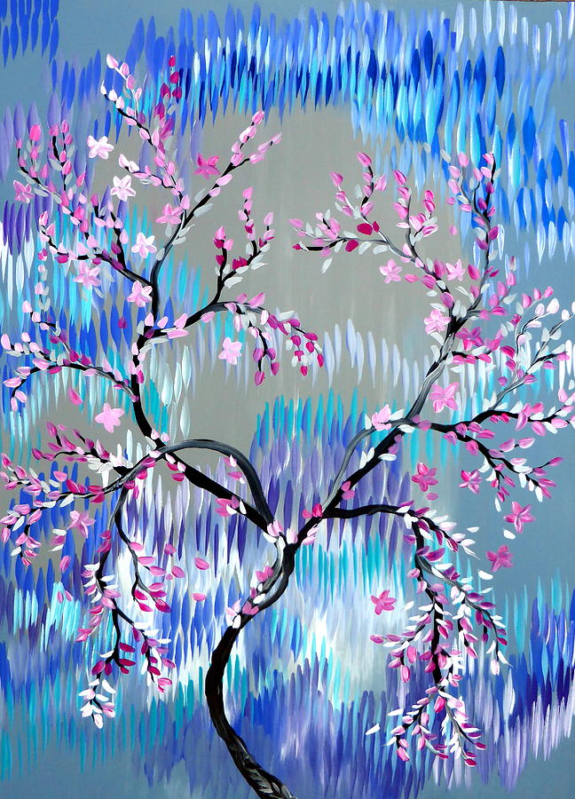 Blue, Grey And Pink Cherry Blossom Design Painting