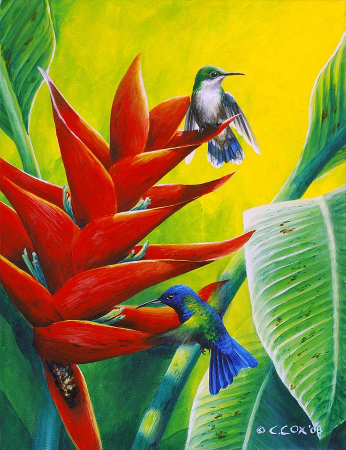 Wildlife Painting - Blue-headed Hummingbirds and heliconia by Christopher Cox