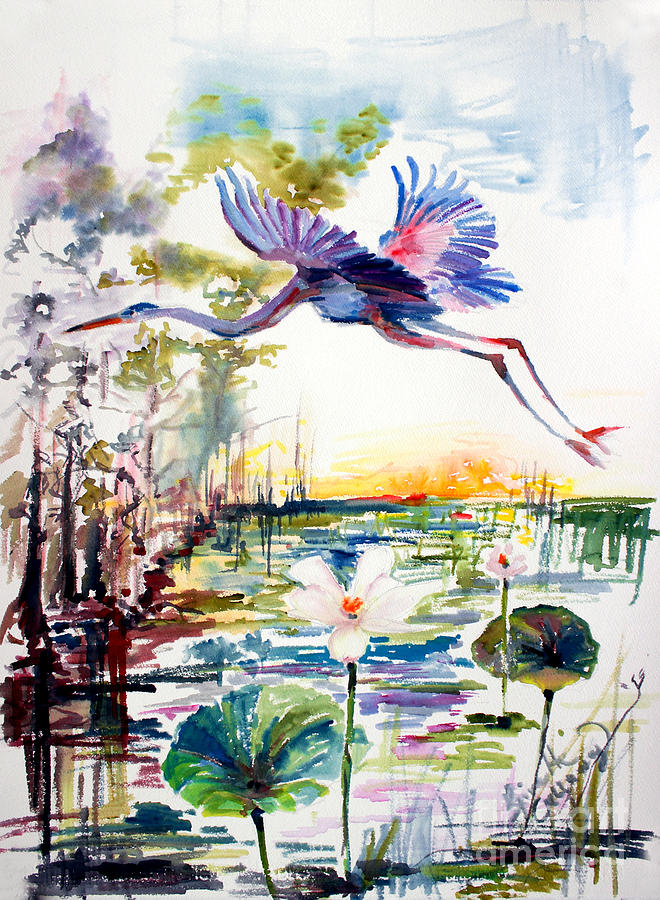 Blue Heron Glides over Lotus Flowers Painting by Ginette Callaway