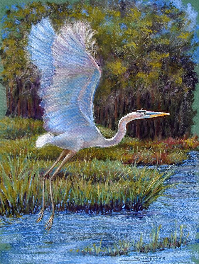 Blue Heron in Flight Pastel by Susan Jenkins