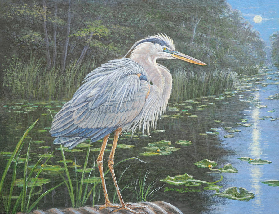Blue Heron Moon Painting by Bruce Dumas