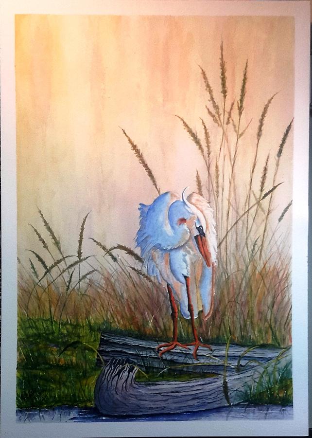 Blue Heron on a log Painting by Richard Benson