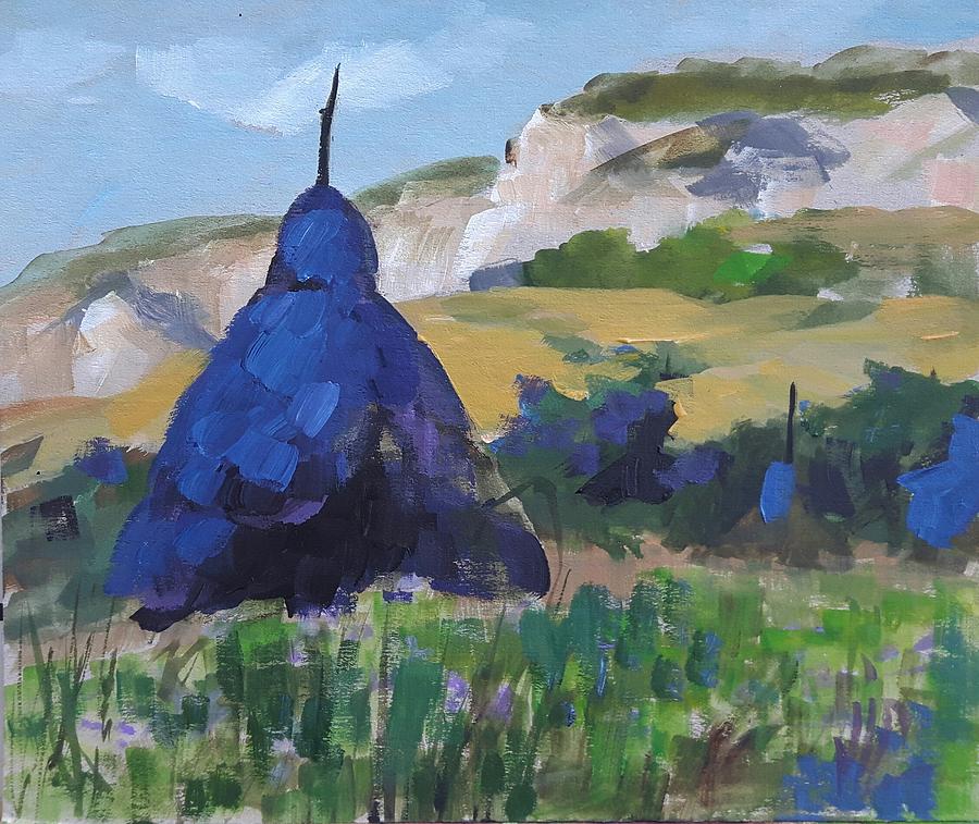 Blue heystacks from Transilvania with love Painting by Vali Irina Ciobanu