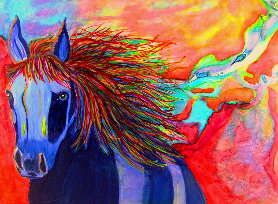 Blue Horse in Red Canyon Painting by Liz Borkhuis