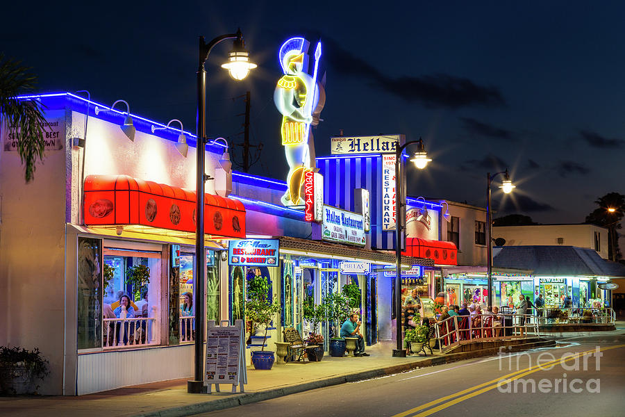 Blue Hour at Hellas Restaurant and Bakery, Tarpon Springs, Flori Photograph by Dawna Moore Photography