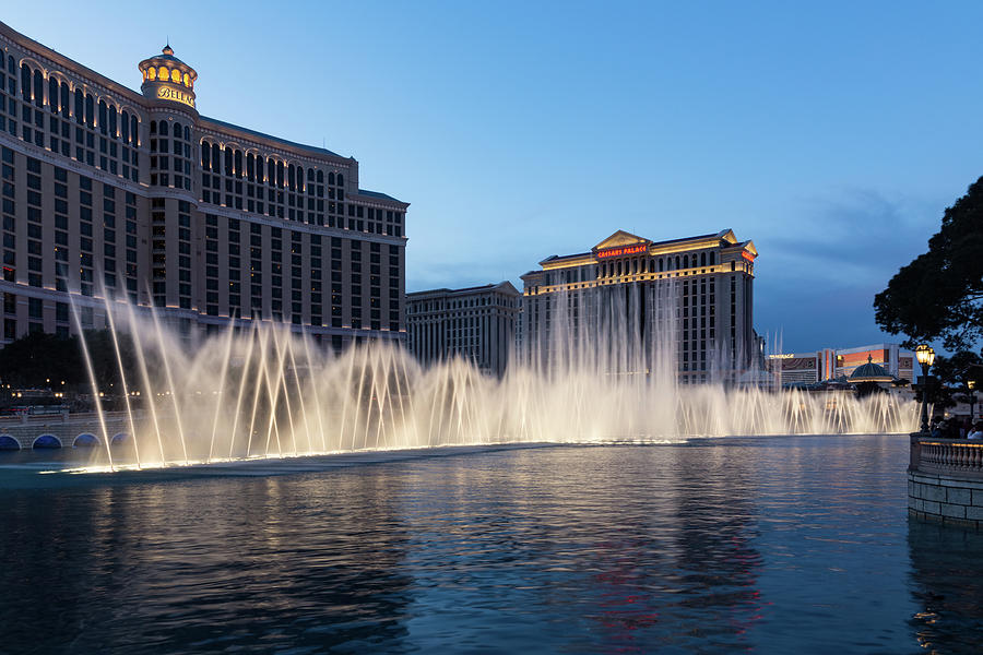 Blue Hour Fountains - Bellagio and Caesars Palace Las Vegas Photograph by Georgia Mizuleva