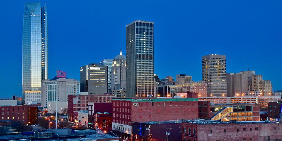 Blue Hour OKC Panoramic View Photograph by Frozen in Time Fine Art Photography