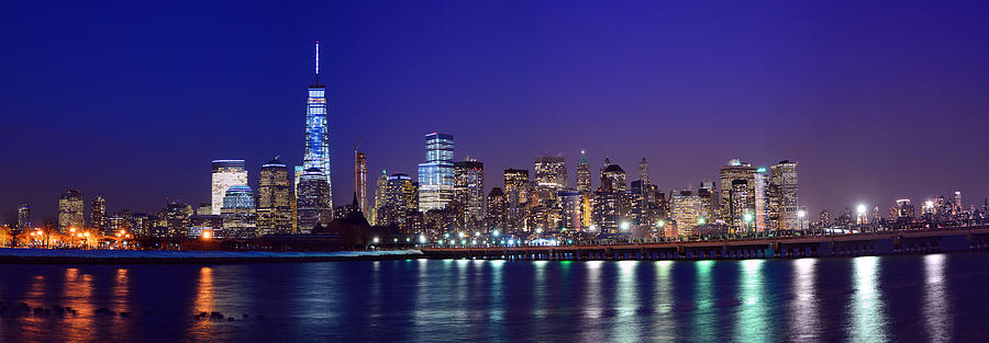 Blue Hour Panorama New York World Trade Center with Freedom Tower from Liberty State Park Photograph by Raymond Salani III