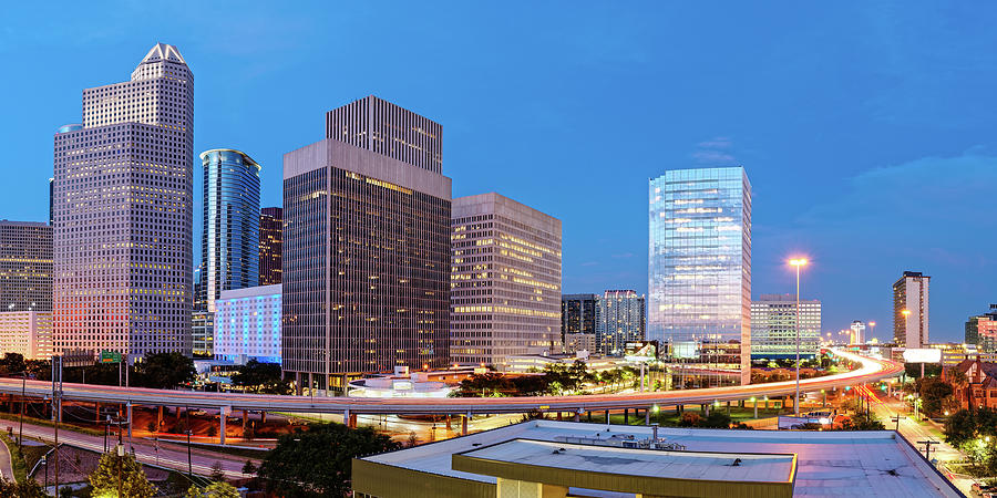 Blue Hour Panorama of Downtown Houston Skyline and I-45 Freeway - Harris County Texas Photograph by Silvio Ligutti