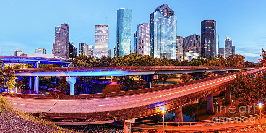 Blue Hour Panorama of Downtown Houston Skyline - Harris County Texas Photograph by Silvio Ligutti