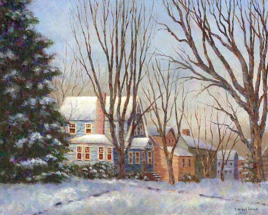 Blue House in Winter Painting by Susan Savad