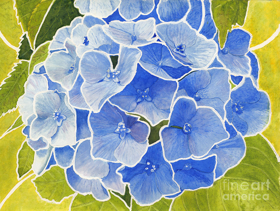 Blue Hydrangea Stained Glass Look Painting by Conni Schaftenaar