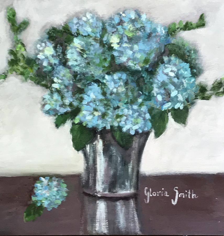 Blue Hydrangeas in a Silver Vase Painting by Gloria Smith