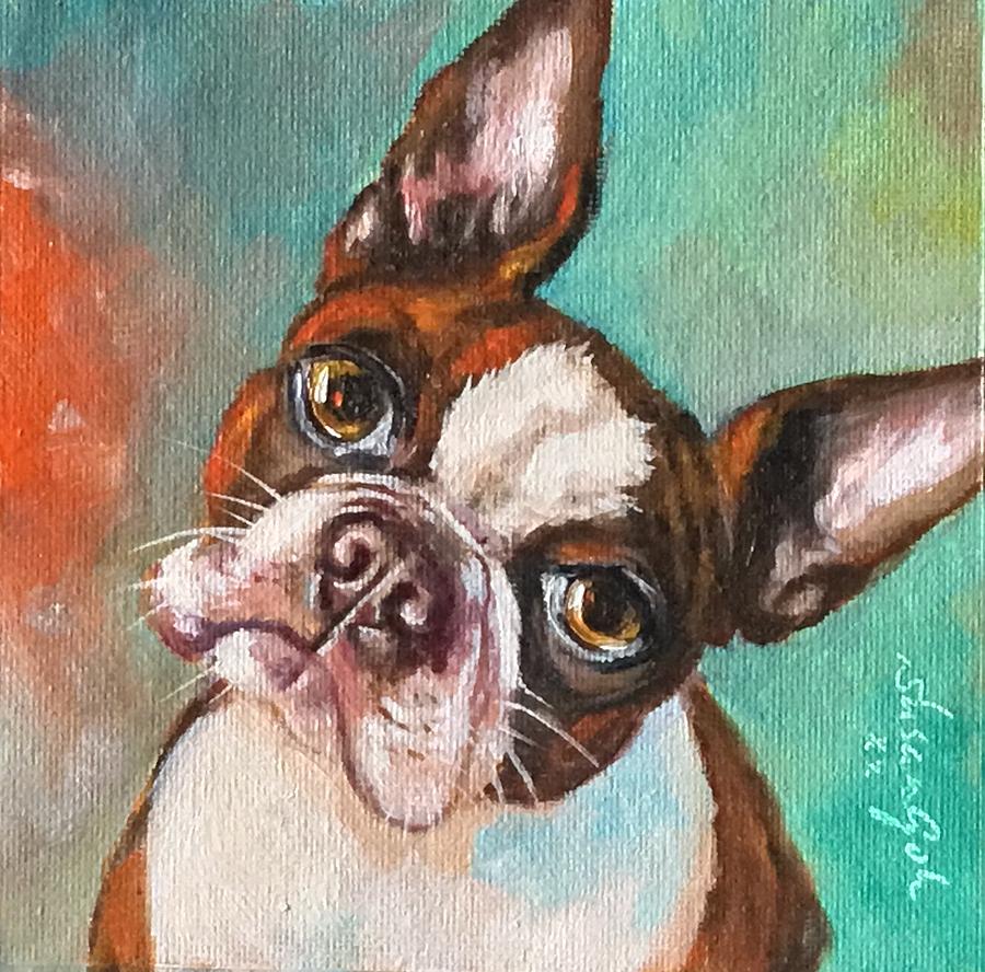 I see you eating   white and brown boston terrier Painting by Susan Goh