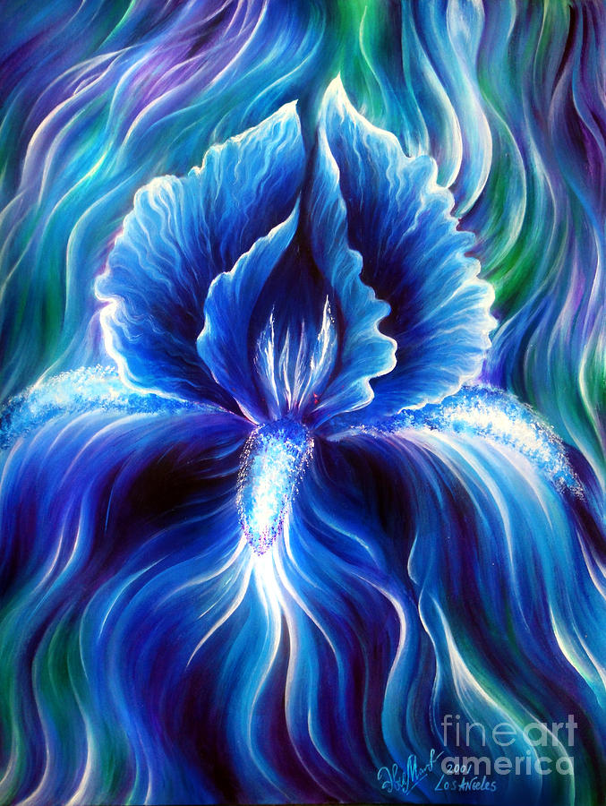 Iris Painting - Blue iris flower and light energy by Sofia Goldberg