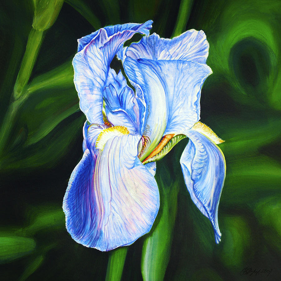 Blue Iris on Green Painting by Pradeep Bangalore