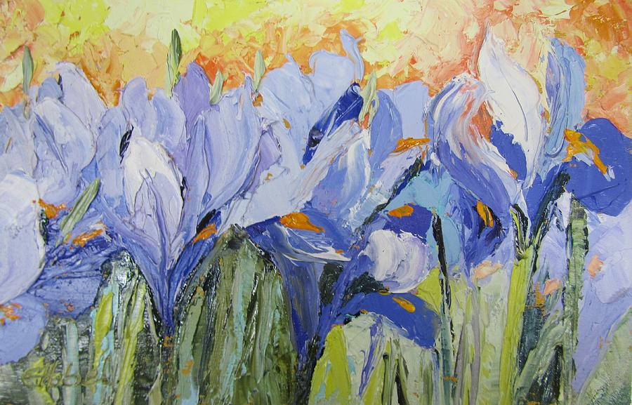 Flower Painting - Blue Irises Palette Knife Painting by Chris Hobel