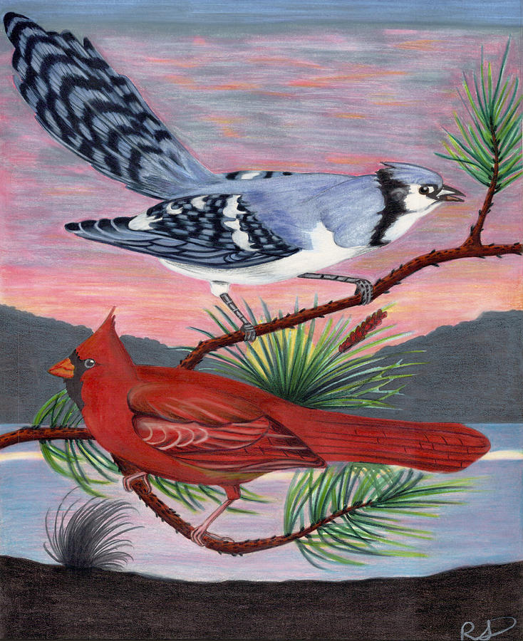 Blue Jay and the Cardinal Mixed Media by Robert Slee - Pixels