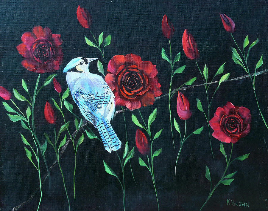 Blue Jay in Rose Bush Painting by Kevin  Brown