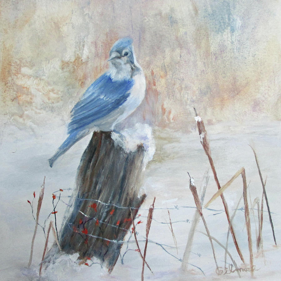 Blue Jay in Winter Painting by Roseann Gilmore