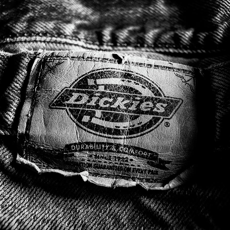 Black And White Photograph - Blue Jeans Logo Tag Close-up Detail BW by YoPedro