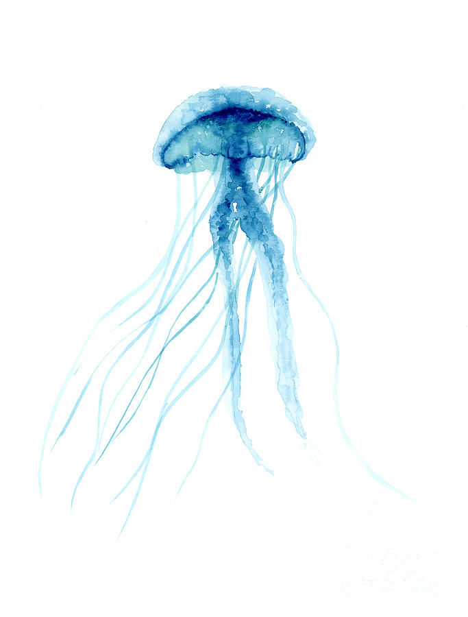 Abstract Painting - Blue jellyfish minimalist painting by Joanna Szmerdt