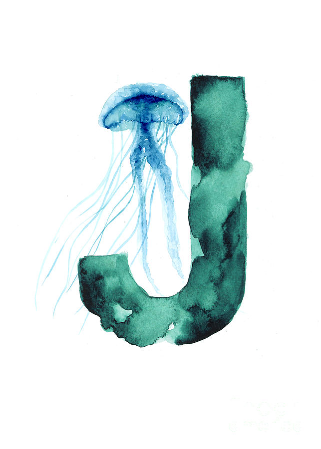 Abstract Painting - Blue jellyfish watercolor alphabet poster by Joanna Szmerdt