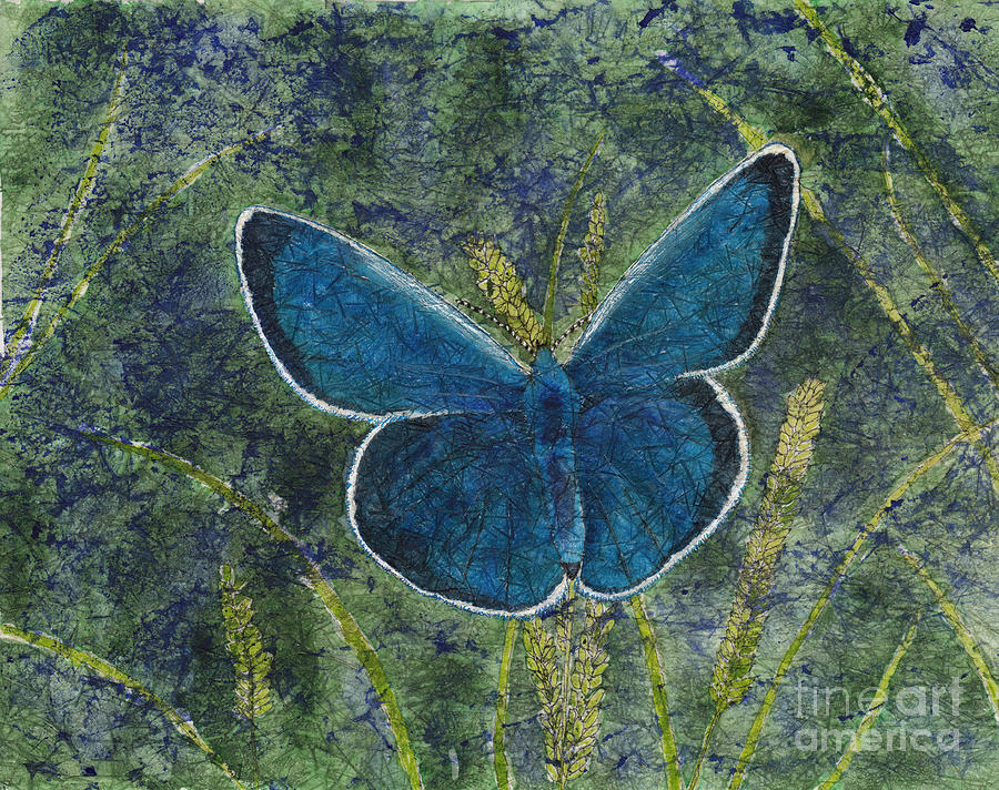 Blue Karner Butterfly Watercolor Batik Painting by Conni Schaftenaar