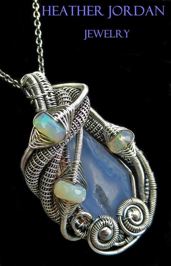 Sterling Silver Jewelry - Blue Lace Agate Druzy Pendant Wire-Wrapped in Antiqued Sterling Silver with Ethiopian Welo Opals by Heather Jordan