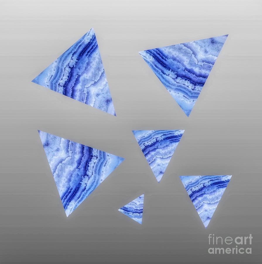 Blue Lace Agate Triangles On Grey Mixed Media by Rachel Hannah