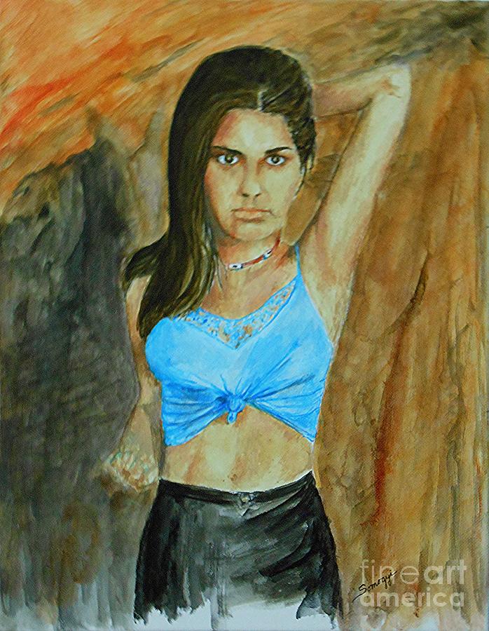 Blue Lace at the Rock Quarry -- Portrait of Young Woman Painting by Jayne Somogy