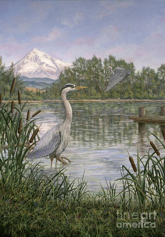 Blue Lake Herons-blue Herons Painting