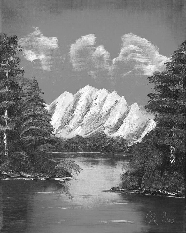 Blue Lake Mirror Reflection In Black And White Painting by Claude Beaulac