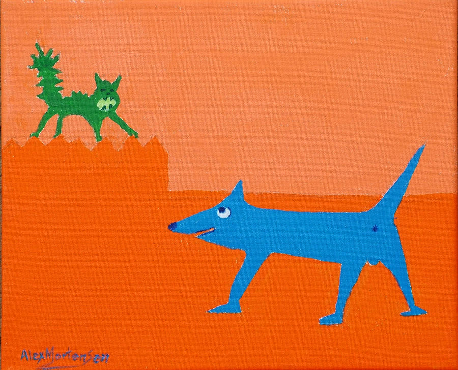 Blue Laughs At Green Cat Painting by Alex Mortensen