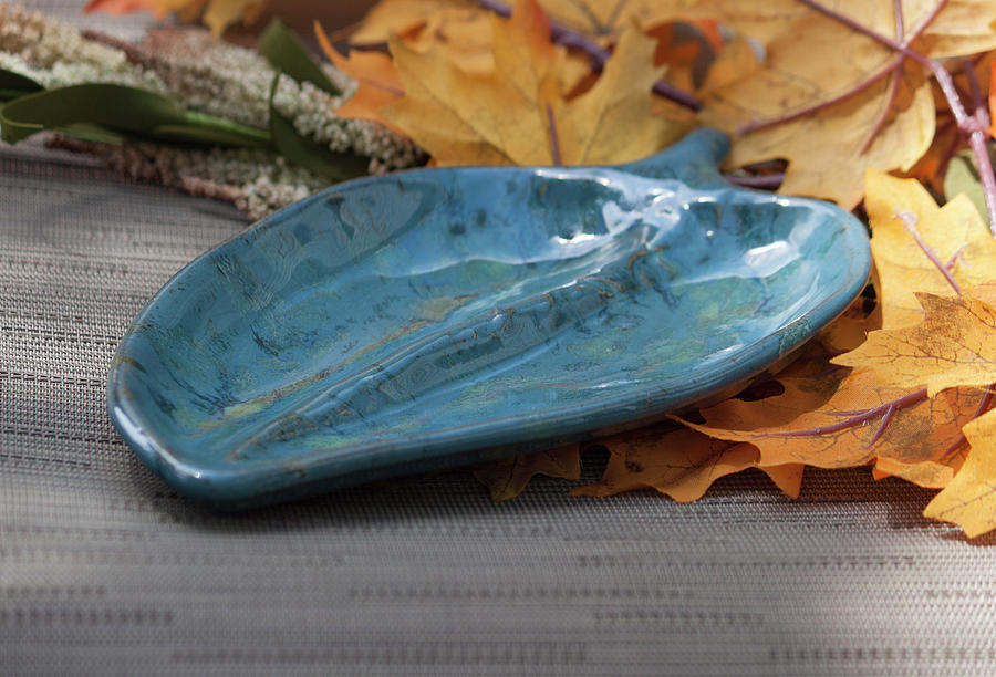 Blue Leaf Dish Ceramic Art by Suzanne Gaff