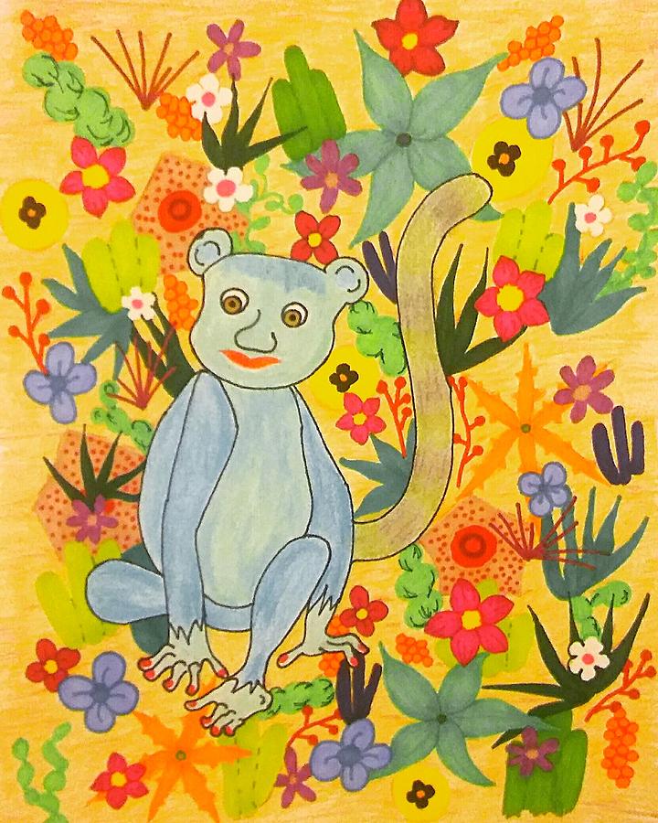 Blue Lemur Caught in the Flowers of Madagascar Mixed Media by SarahJo Hawes