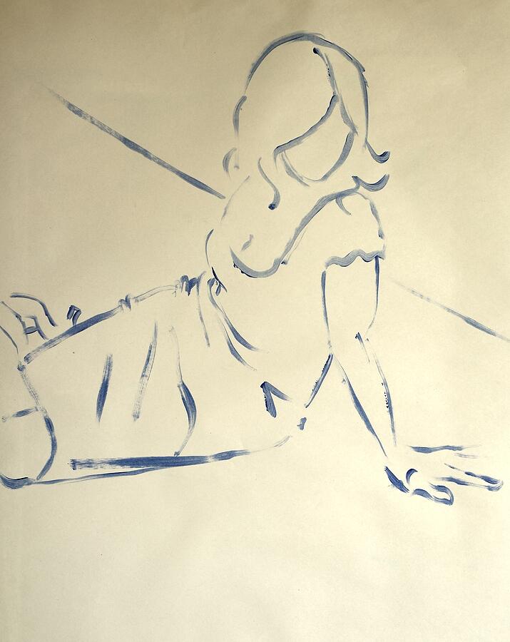 Blue Line Drawing Of A Woman Sitting On The Floor Leaning To One Side Drawing By Mike Jory