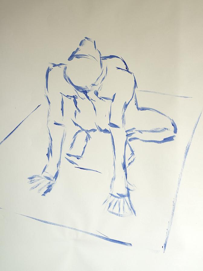 Blue Line Painting Of A Male Nude Kneeling On His Heels And Resting On Hands Which Are Behind Him Drawing by Mike Jory