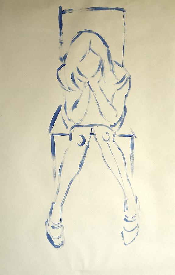 Blue Line Painting Of Woman Sat On Chair With Elbows On Knees