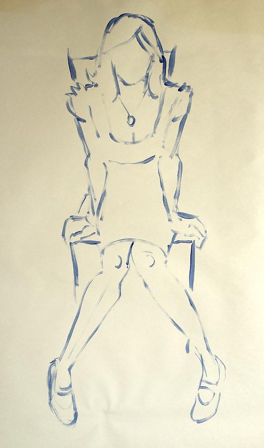 Blue Line Painting Of Woman Sat On Chair With Hands On The Sides Of Her Legs Drawing by Mike Jory