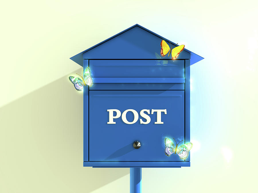 Butterfly Digital Art - Blue Mail box with butterflies. by Liudmyla Krapivska