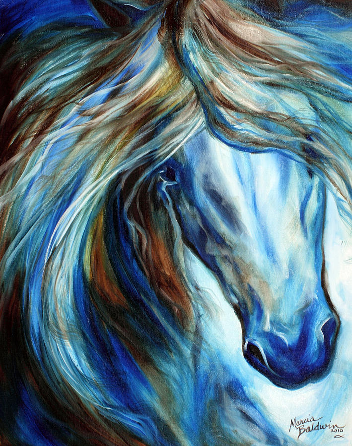 Abstract Painting - Blue Mane Event Equine Abstract by Marcia Baldwin